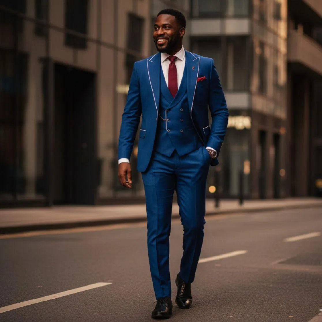 Blue three-piece suit with red tie
